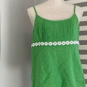 Green & White Embellished Pintuck 100% Linen Strappy Cami Blouse